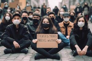 ai génératif groupe de gens avec visage masque séance sur une escalier en plein air proche en haut sur faible section corps photo