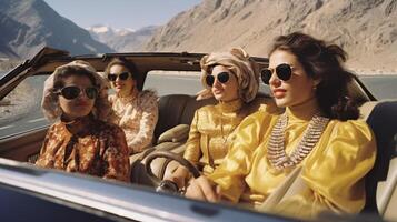 ai génératif groupe de femmes avec achats Sacs conduite une convertible voiture à vacances photo