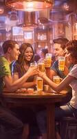 ai génératif groupe de Jeune gens célébrer grillage avec Bière à le pub photo