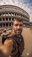 ai génératif Beau content Jeune homme prend une selfie à le colisée dans Rome à vacances dans Italie photo