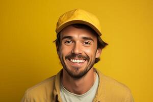 ai génératif Beau homme portant paille chapeau souriant à caméra sur une Jaune Contexte isolé content gars prise selfie image avec intelligent mobile téléphone dispositif photo