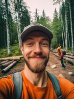 ai génératif Beau souriant voyageur homme prise une selfie dans le forêt photo