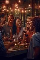 ai génératif content africain américain femme en buvant rouge du vin à bar restaurant multiracial copains ayant amusement célébrer à dîner temps grillage les boissons relation amicale concept photo