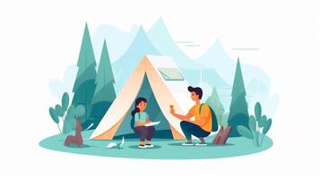 ai génératif content famille camping dans le forêt prise selfie portrait ensemble mère père et fils ayant amusement trekking dans le la nature séance dans de face de le tente famille la nature et trekking photo