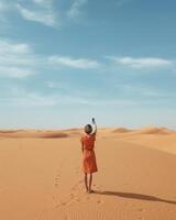 ai génératif content femelle touristique prise selfie sur le sable dunes dans le Afrique désert Sahara nationale parc influenceur Voyage blogueur profiter voyage tandis que prend soi portrait été vacances et w photo