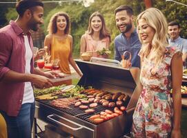 ai génératif content copains ayant amusement à un barbecue dîner Extérieur dans barbecue arrière-cour Accueil fête serveur portion nourriture à une groupe de multiracial gens dans jardin restaurant relation amicale fête et vous photo