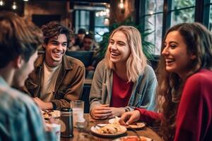 ai génératif content copains ayant le déjeuner brunch ensemble à café bar restaurant mixte âge groupe de gens ayant amusement en riant et parlant tandis que ayant dîner à à manger table relation amicale et vous photo