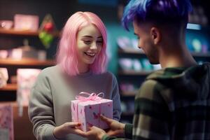 ai génératif content fille reçoit sa cadeau de Valentin photo