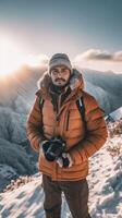 ai génératif content homme avec sac à dos prise selfie portrait dans hiver glacial forêt souriant promeneur escalade montagnes sport Voyage et La technologie concept photo