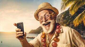 ai génératif content homme avec chapeau et des lunettes de soleil prise selfie image avec téléphone intelligent à le plage de bonne humeur voyageur ayant amusement à l'extérieur Beau gars souriant à caméra photo