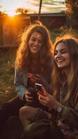 ai génératif content milléniaux les filles en riant et Messagerie sur une téléphone intelligent Extérieur Trois femmes ayant amusement souriant prise une photo avec leur cellule téléphone