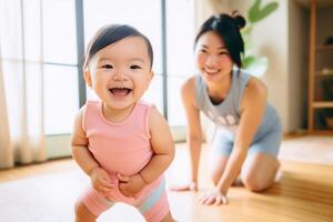 ai génératif content mère et fille ayant amusement en riant ensemble Faire travail en dehors Gym à Accueil photo