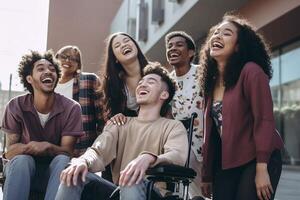 ai génératif content multiracial élèves ayant amusement séance dans Université Campus souriant copains parlant et en riant ensemble à l'extérieur école secondaire adolescents socialiser dans de face de école jeunesse c photo