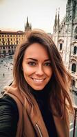 ai génératif content touristique prise selfie dans de face de duomo cathédrale dans Milan Italie vacances et en voyageant mode de vie concept photo