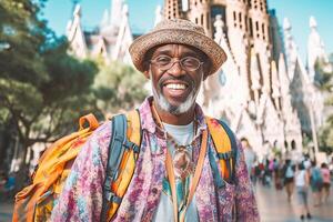 ai génératif content touristique visite la sagrada familia Barcelone Espagne souriant homme prise une selfie à l'extérieur sur ville rue tourisme et les vacances concept photo