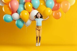 ai génératif content Jeune caucasien fille est sauter en portant coloré des ballons dans le air portrait de un attrayant femme exprimer sa liberté photo