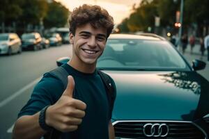 ai génératif content Jeune chauffeur prise une selfie sur le sien de location voiture à vacances photo