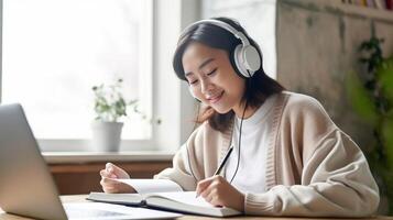 ai génératif content Jeune étudiant à Accueil en train d'étudier sur ordinateur portable portant écouteurs l'écriture sur une livre avec une stylo en ligne école cours concept photo