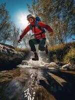 ai génératif promeneur homme sauter plus de le Montagne photo