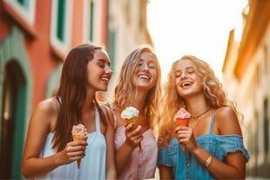 ai génératif en riant adolescent les filles en mangeant la glace crème cônes sur ville rue Jeune femelle copains profiter crème glacée à l'extérieur été mode de vie concept photo