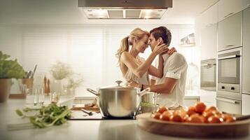 ai génératif aimant couple cuisiner des légumes à le cuisine Jeune couple ayant amusement à Accueil photo