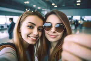 ai génératif aimant couple prise selfie à aéroport caucasien gens concept à propos gens mode de vie et La technologie photo
