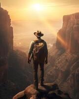 ai génératif homme avec sac à dos randonnée Montagne sur le coucher du soleil photo