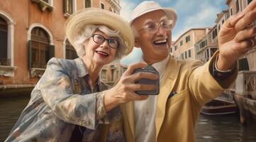 ai génératif marié couple de touristes prise une selfie portrait visite Italie Sénior homme et femme profiter fin de semaine vacances content mode de vie concept photo