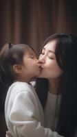 ai génératif mère embrasser fille maman partage l'amour à sa enfant content famille concept photo