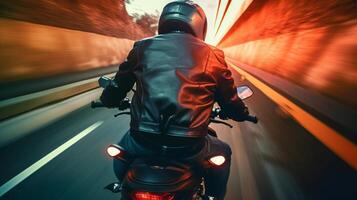 ai génératif motocycliste équitation le sien bicyclette sur le route à haute la vitesse photo