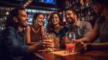 ai génératif multiculturel copains applaudissement et en buvant des cocktails à bar restaurant milléniaux gens ayant amusement à vacances fête photo