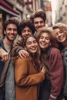 ai génératif multiracial meilleur copains étreindre ensemble à l'extérieur relation amicale concept avec les mecs et les filles ayant amusement pendaison en dehors dans le ville différent Jeune gens socialiser dans Université Campus photo