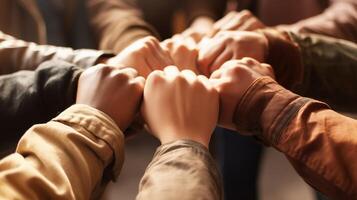 ai génératif multiracial groupe de Jeune gens fabrication poing bosse comme symbole de unité communauté et solidarité travail en équipe joindre mains et soutien ensemble photo