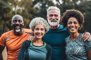 ai génératif multiracial sportif copains en marchant dans une basketball tribunal quatre Multi-éthnique gens étreindre concept à propos gens sport et mode de vie photo