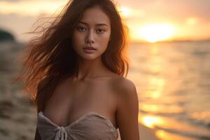 ai génératif portrait de une beau fille avec le parfait corps à lever du soleil sur le mer photo