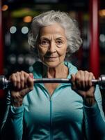 ai génératif portrait de une mature femme dans tenue de sport exercice avec haltères à Accueil plus âgée femelle Gym dans le appartement concept à propos quarantaine Gym et sport photo