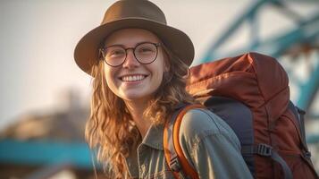 ai génératif portrait la photographie de une magnifique femme avec sac à dos chapeau et des lunettes de soleil en marchant dans le ville à vacances voyageur femelle randonneur souriant à le caméra Extérieur photo