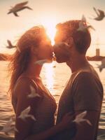 ai génératif romantique couple dans l'amour embrasser à le coucher du soleil copain et petite amie ayant une romance baiser Extérieur chaud filtre photo