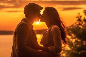 ai génératif romantique couple embrasser à le coucher du soleil Extérieur photo