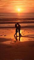 ai génératif romantique couple embrasser à le plage à le coucher du soleil photo