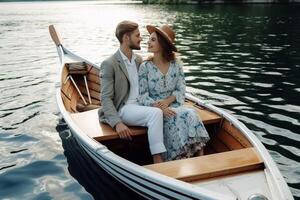 ai génératif romantique couple sur une bateau visite un alpin Lac à braies Italie touristique dans l'amour dépenses aimant des moments ensemble à l'automne montagnes concept à propos Voyage couple et Voyageur photo