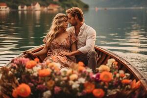 ai génératif romantique couple sur une bateau visite un alpin Lac à braies Italie touristique dans l'amour dépenses aimant des moments ensemble à l'automne montagnes concept à propos Voyage couple et Voyageur photo