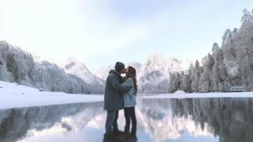 ai génératif romantique baiser de une couple de adultes visite un alpin Lac à braies Italie touristique dans l'amour dépenses aimant des moments ensemble à l'automne montagnes couple esprit d'aventure et Voyage concep photo