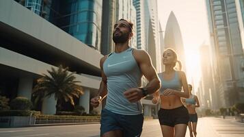 ai génératif fonctionnement couple le jogging formation à l'extérieur sur courir noir homme et caucasien femme coureur et aptitude sport sur ville rue exercice le jogging et sport concept photo