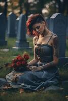 ai génératif triste femme dans le cimetière en portant bouquet de des roses dans sa main photo