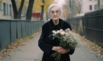 ai génératif triste femme dans le cimetière en portant bouquet de des roses dans sa main photo