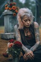 ai génératif triste femme dans le cimetière en portant bouquet de des roses dans sa main femelle deuil pour une perdu l'amour religion et Arrêtez guerre concept photo