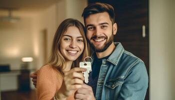ai génératif selfie de une Jeune couple de les amoureux en portant en haut Nouveau maison clé photo