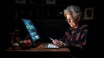 ai génératif Sénior plus âgée femme travail avec portable ordinateur sur le table à Accueil intérieur vieux mature gens et La technologie concept photo