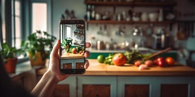 ai génératif Sénior femme prise une la photographie avec téléphone intelligent cuisine des légumes à Accueil concept à propos gens à Accueil partage La technologie et nourriture photo